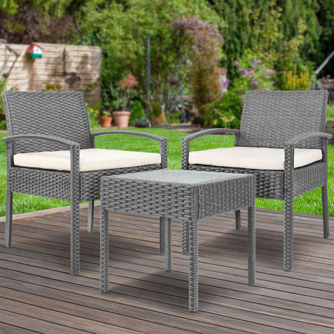 Gardeon 3PC Patio Furniture Bistro Set Wicker Outdoor Lounge Setting Grey Chez Guru