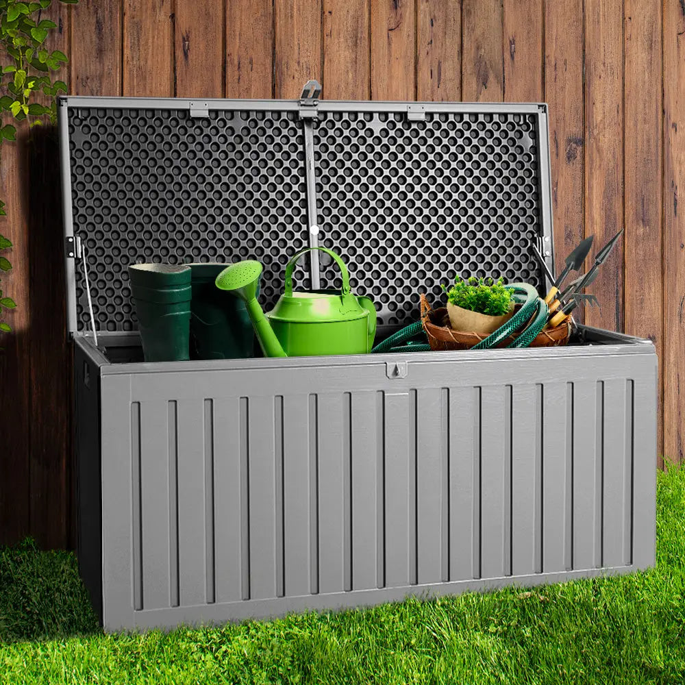Gardeon Outdoor Storage Box 270L Container Lockable Garden Bench Tool Shed Grey Chez Guru