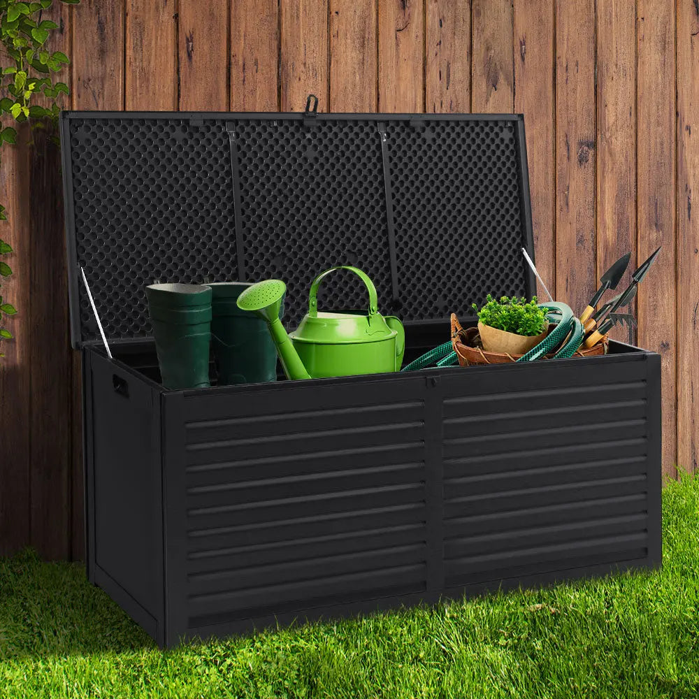 Gardeon Outdoor Storage Box 390L Container Lockable Garden Bench Shed Tools Toy All Black Chez Guru