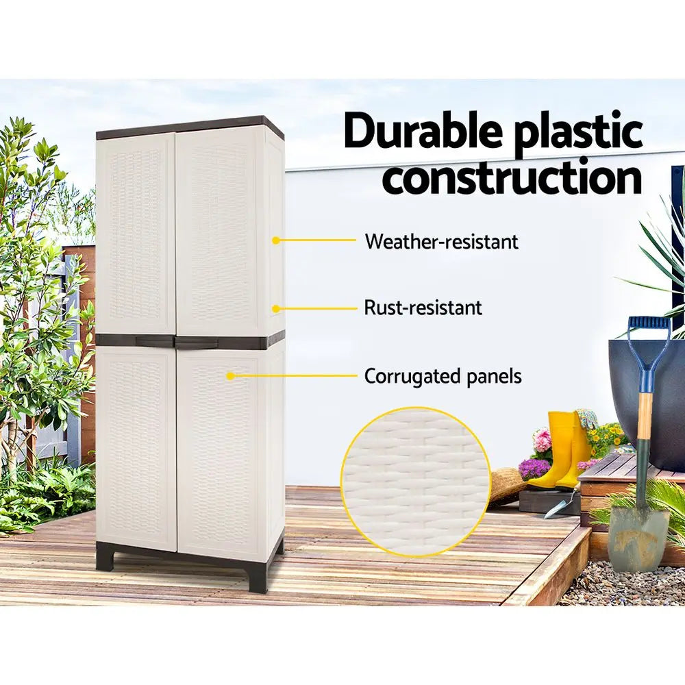 Gardeon Outdoor Storage Cabinet Box 173cm Lockable Cupboard Sheds Adjustable Rattan Beige Chez Guru