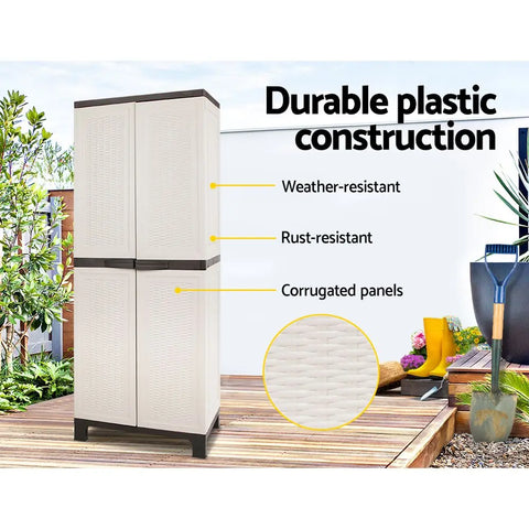 Gardeon Outdoor Storage Cabinet Box 173cm Lockable Cupboard Sheds Adjustable Rattan Beige Chez Guru