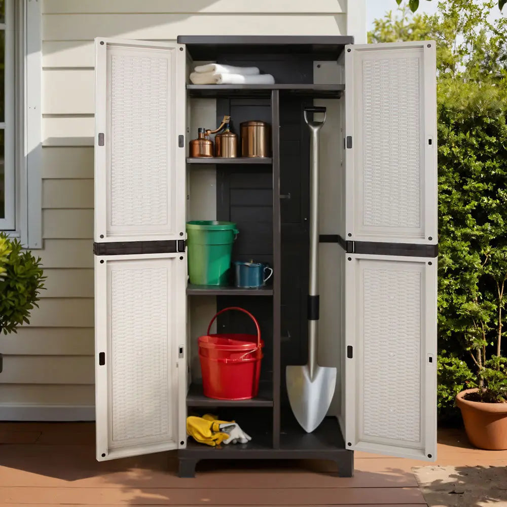 Gardeon Outdoor Storage Cabinet Box 173cm Lockable Cupboard Sheds Adjustable Rattan Beige Chez Guru