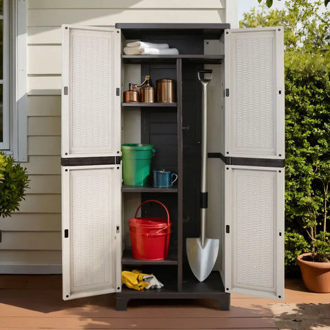 Gardeon Outdoor Storage Cabinet Box 173cm Lockable Cupboard Sheds Adjustable Rattan Beige Chez Guru