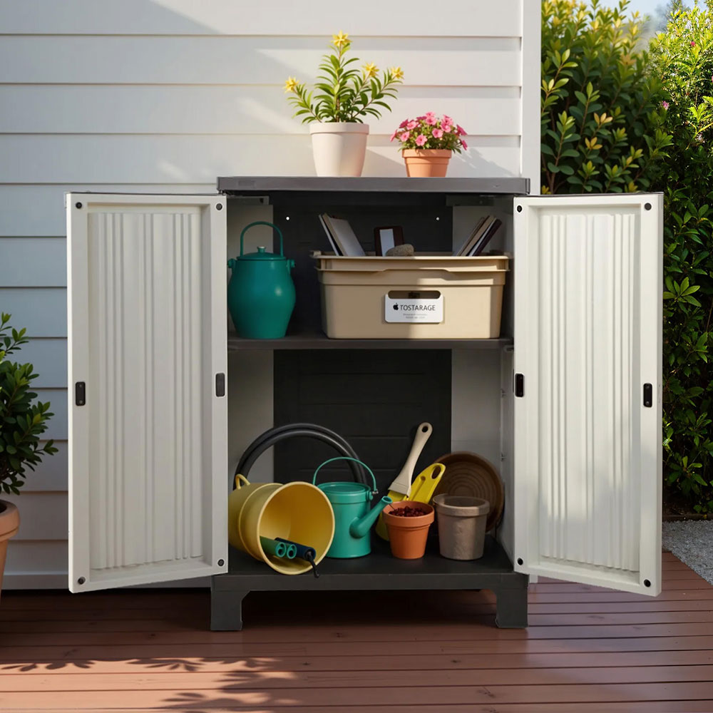 Gardeon Outdoor Storage Cabinet Box 92cm Lockable Cupboard Sheds Garage Adjustable Beige Chez Guru
