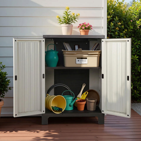 Gardeon Outdoor Storage Cabinet Box 92cm Lockable Cupboard Sheds Garage Adjustable Beige Chez Guru