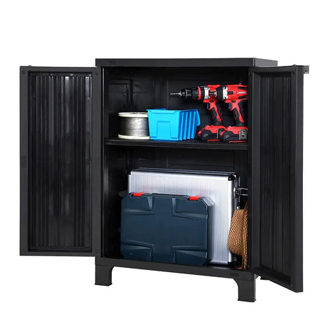 Gardeon Outdoor Storage Cabinet Box 92cm Lockable Cupboard Sheds Garage Adjustable Black Chez Guru
