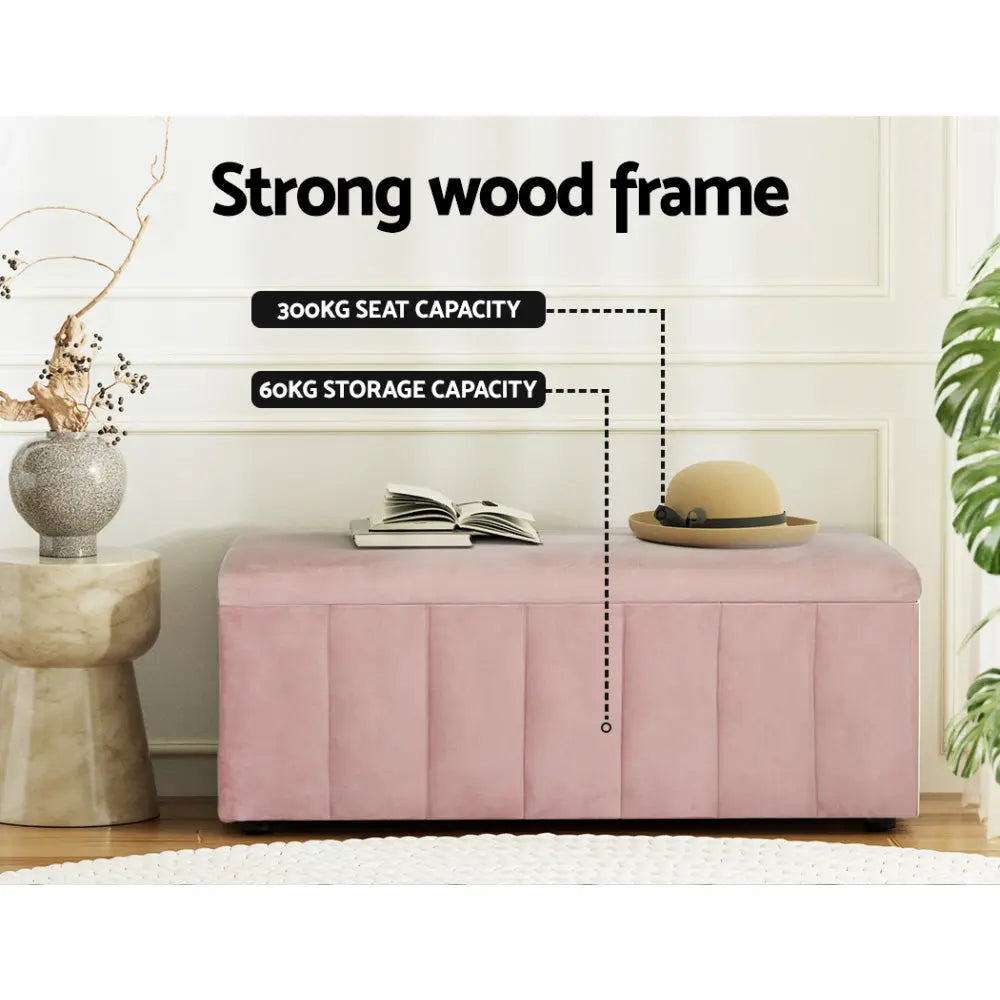 Artiss Storage Ottoman Blanket Box 103cm Velvet Pink - Chez Guru