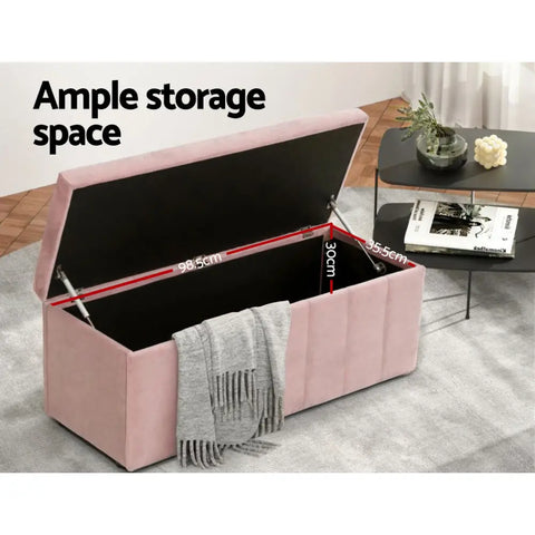 Artiss Storage Ottoman Blanket Box 103cm Velvet Pink - Chez Guru