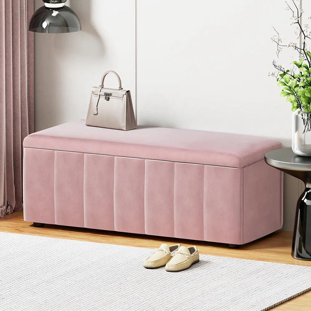 Artiss Storage Ottoman Blanket Box 103cm Velvet Pink - Chez Guru