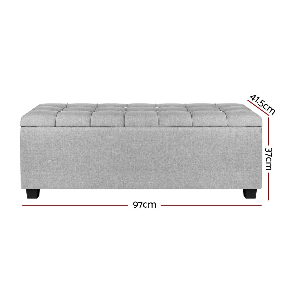 Artiss Storage Ottoman Blanket Box 97cm Button Linen Grey Chez Guru