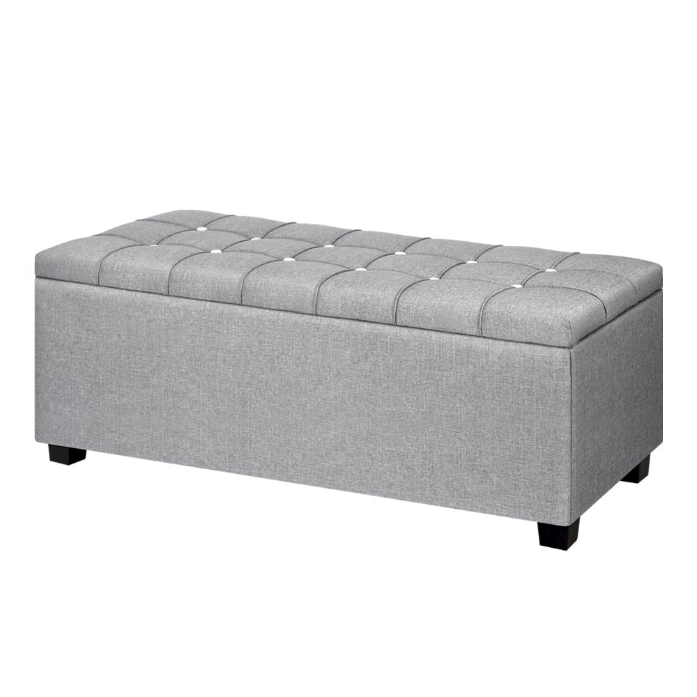 Artiss Storage Ottoman Blanket Box 97cm Button Linen Grey Chez Guru