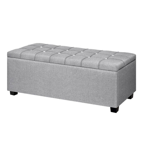 Artiss Storage Ottoman Blanket Box 97cm Button Linen Grey Chez Guru