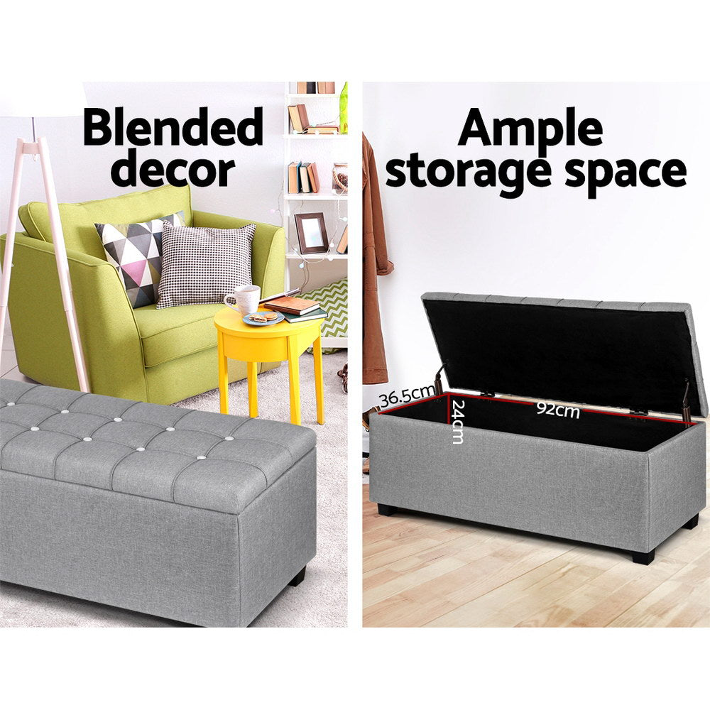Artiss Storage Ottoman Blanket Box 97cm Button Linen Grey Chez Guru