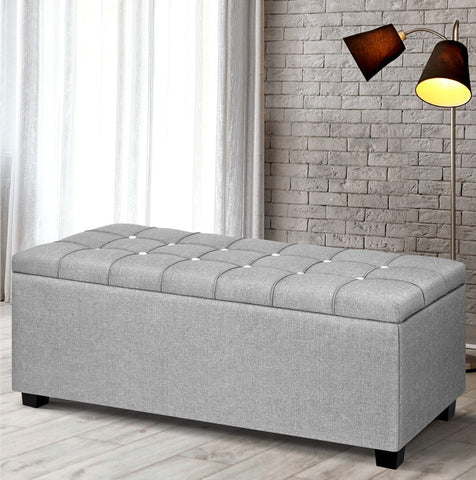 Artiss Storage Ottoman Blanket Box 97cm Button Linen Grey Chez Guru