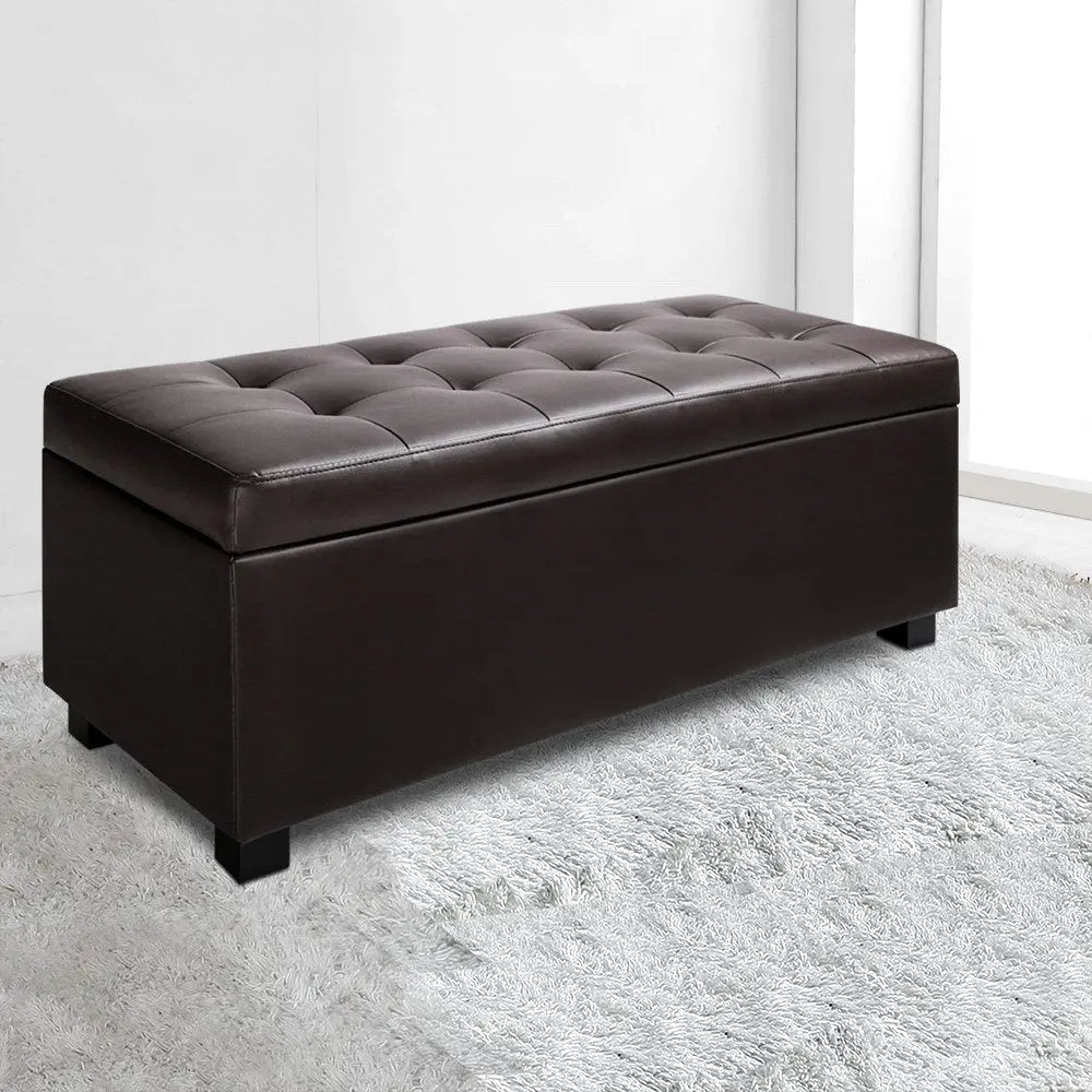 Artiss Storage Ottoman Blanket Box 97cm Leather Brown - Chez Guru