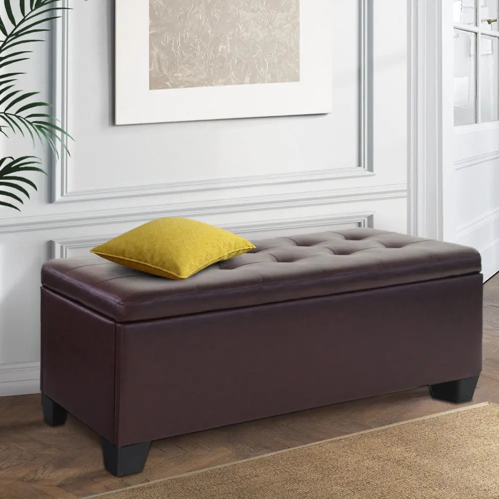 Artiss Storage Ottoman Blanket Box 97cm Leather Brown - Chez Guru