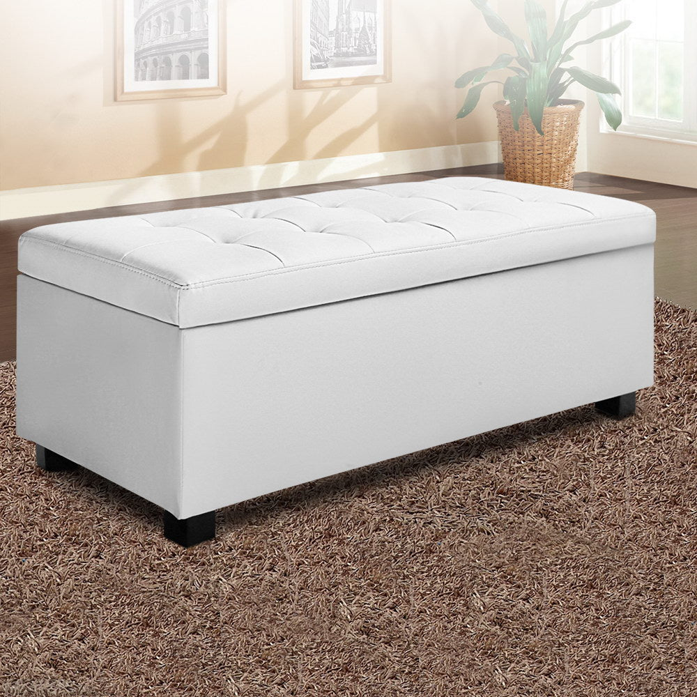 Artiss Storage Ottoman Blanket Box 97cm Leather White Chez Guru