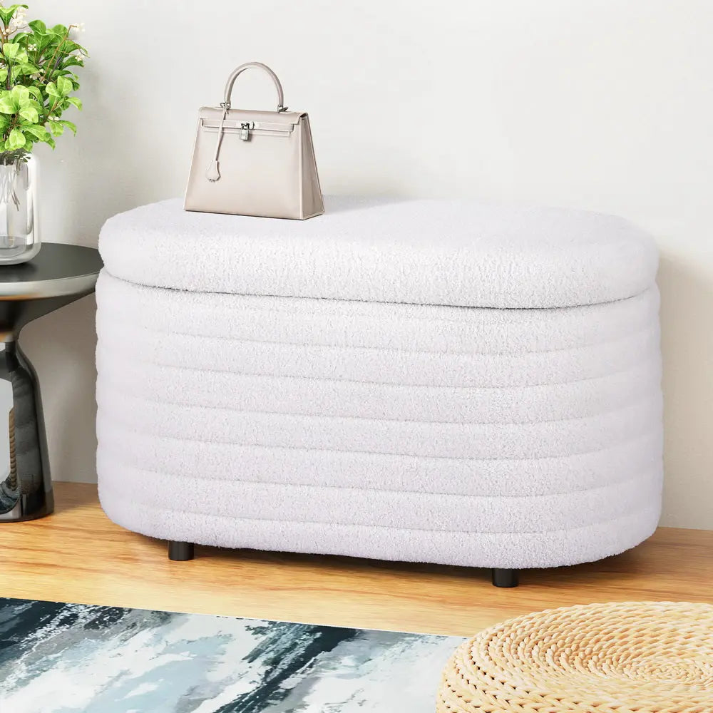 Artiss Storage Ottoman Blanket Box 87cm Boucle Fabric Oval - Chez Guru