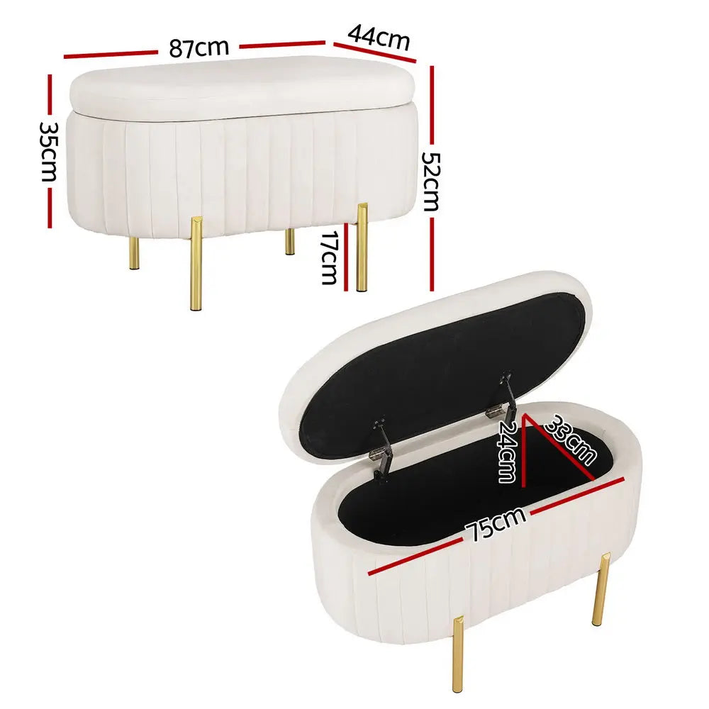 Artiss Storage Ottoman Blanket Box 87cm Velvet Oval White - Chez Guru