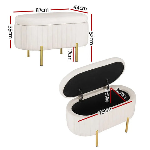 Artiss Storage Ottoman Blanket Box 87cm Velvet Oval White - Chez Guru