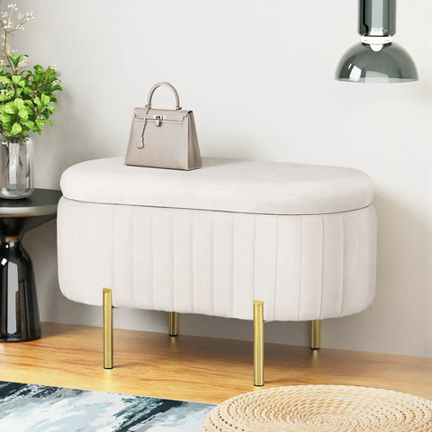 Artiss Storage Ottoman Blanket Box 87cm Velvet Oval White - Chez Guru