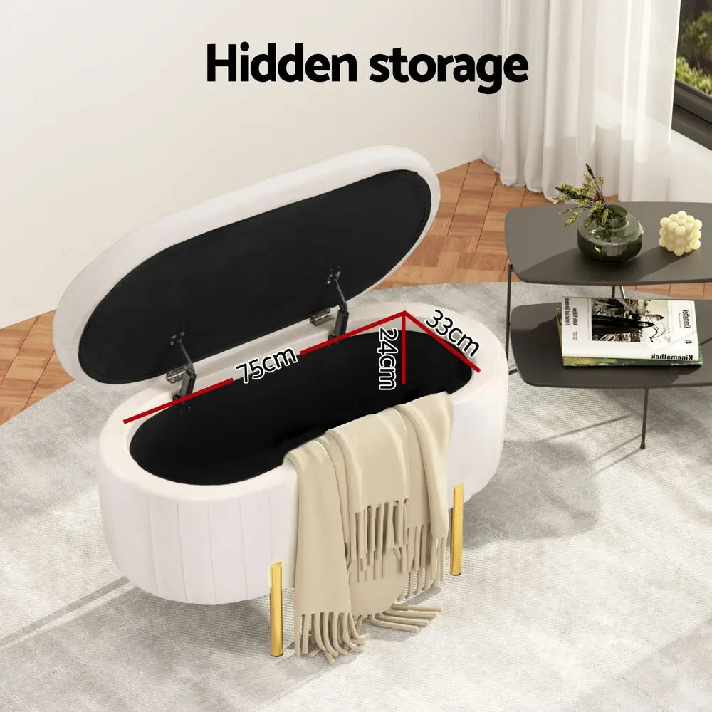 Artiss Storage Ottoman Blanket Box 87cm Velvet Oval White - Chez Guru