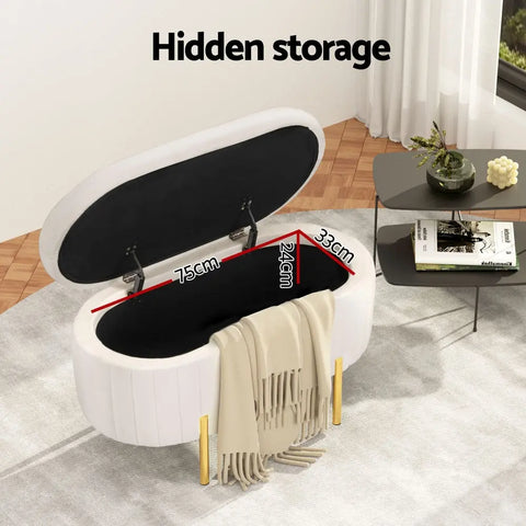 Artiss Storage Ottoman Blanket Box 87cm Velvet Oval White - Chez Guru