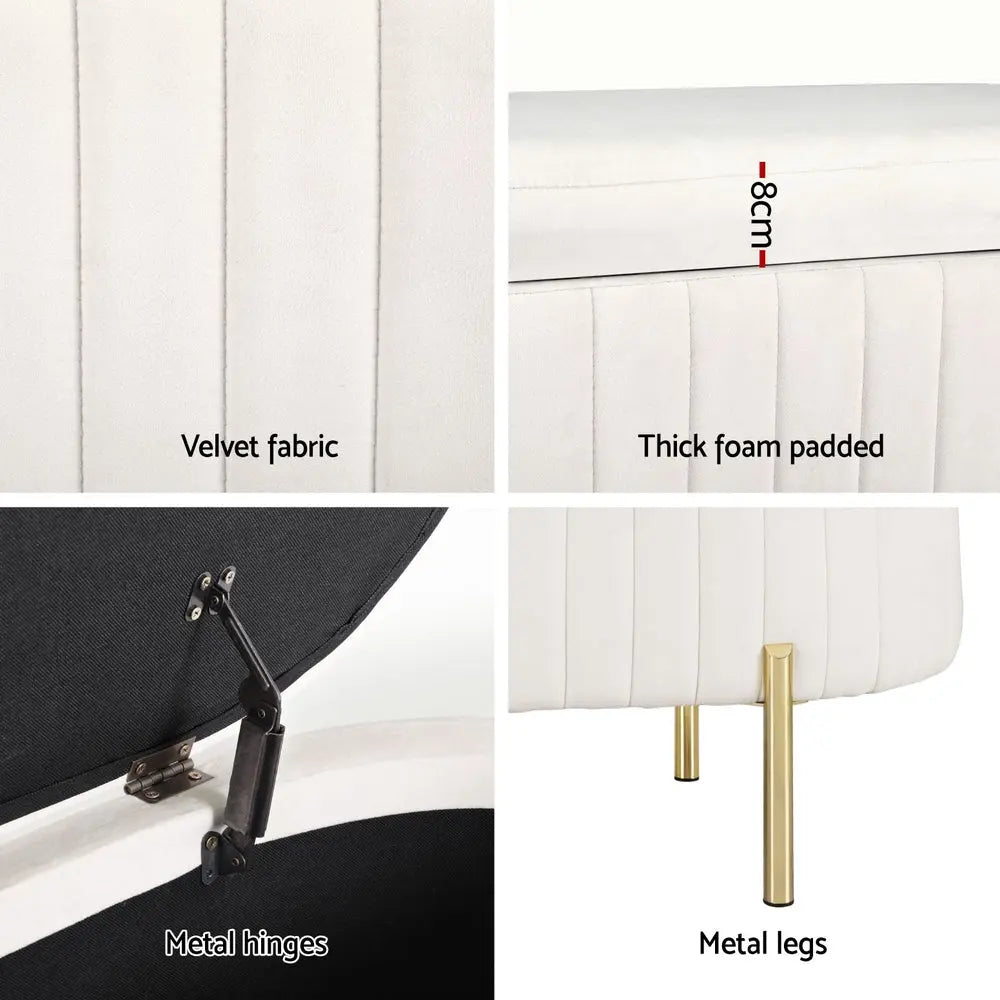 Artiss Storage Ottoman Blanket Box 87cm Velvet Oval White - Chez Guru
