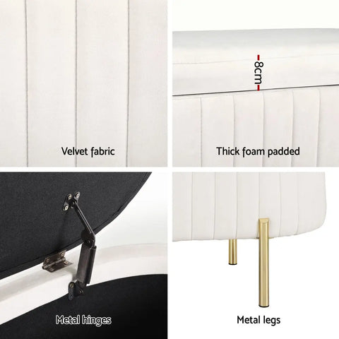 Artiss Storage Ottoman Blanket Box 87cm Velvet Oval White - Chez Guru