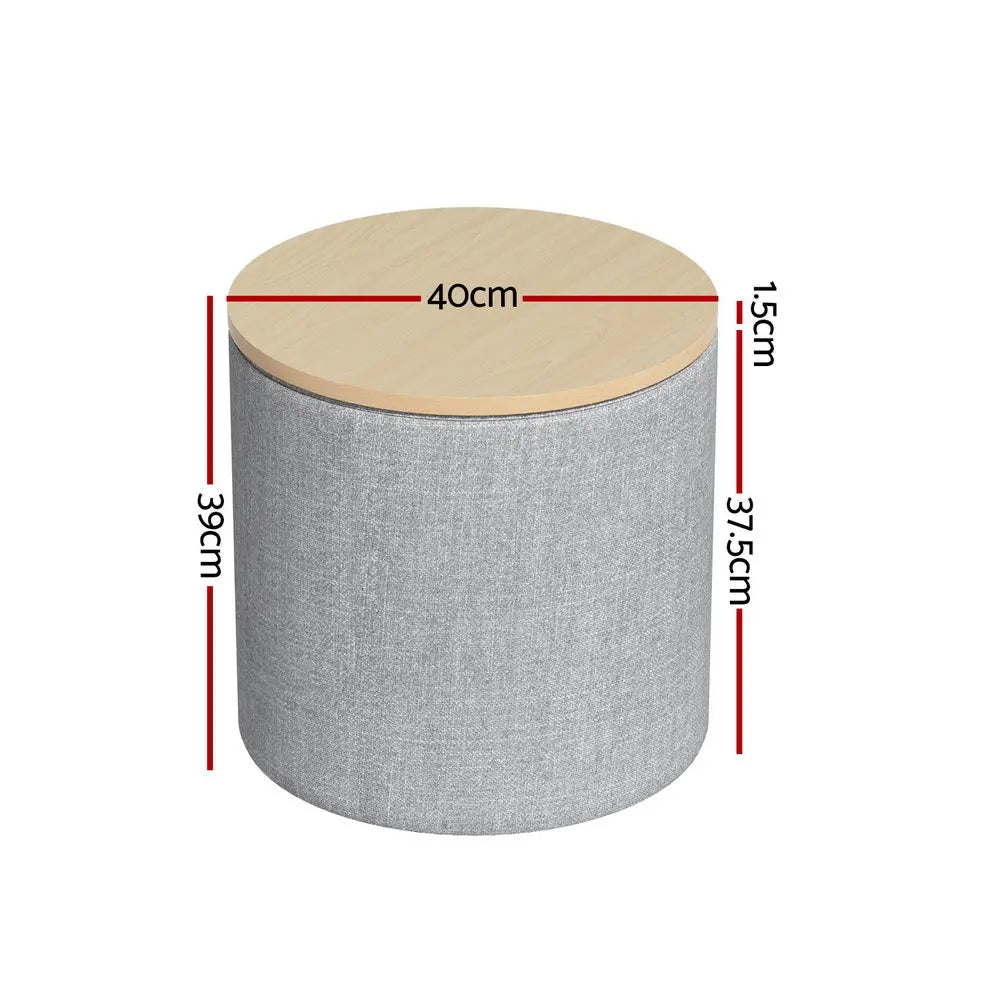 Artiss Storage Ottoman Blanket Box 40cm Linen Round Grey - Chez Guru