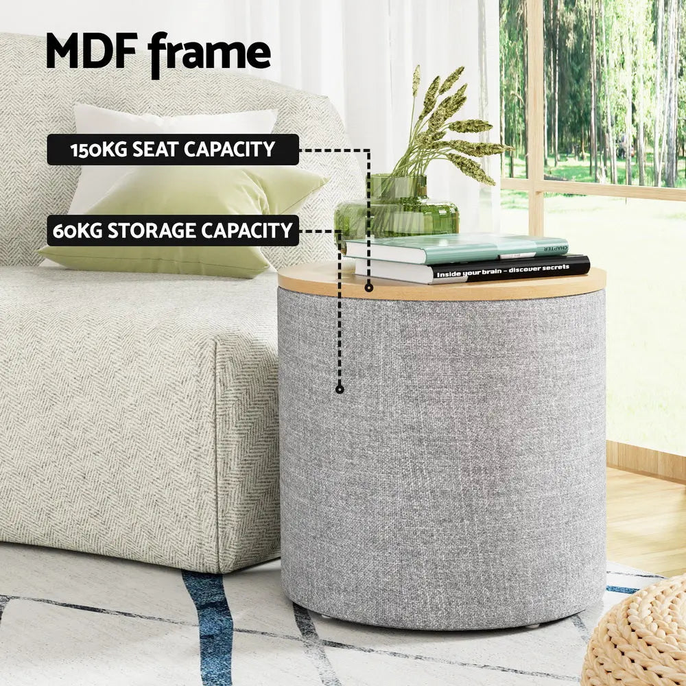 Artiss Storage Ottoman Blanket Box 40cm Linen Round Grey - Chez Guru