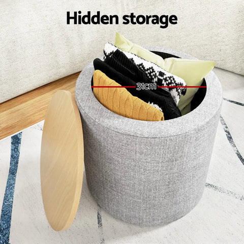 Artiss Storage Ottoman Blanket Box 40cm Linen Round Grey - Chez Guru