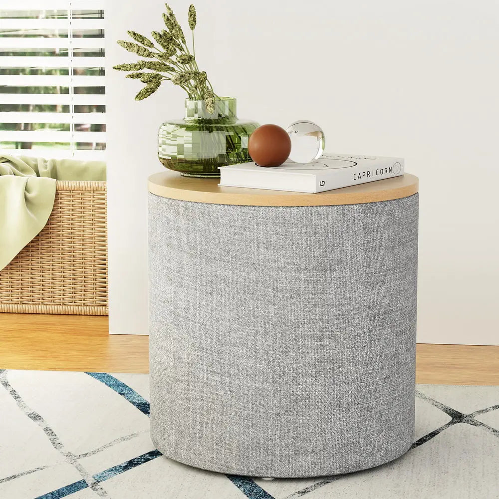 Artiss Storage Ottoman Blanket Box 40cm Linen Round Grey - Chez Guru