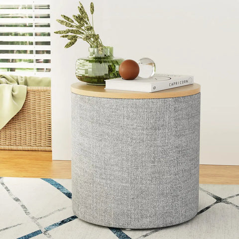 Artiss Storage Ottoman Blanket Box 40cm Linen Round Grey - Chez Guru