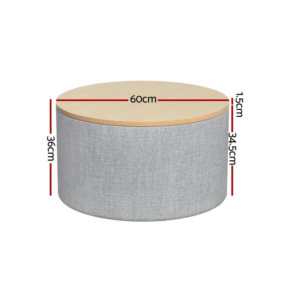 Artiss Storage Ottoman Blanket Box 60cm Linen Round Grey - Chez Guru