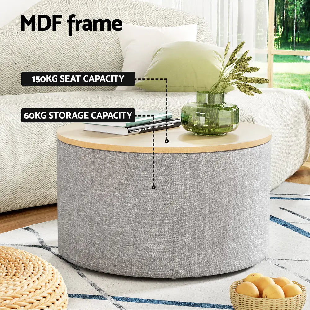 Artiss Storage Ottoman Blanket Box 60cm Linen Round Grey - Chez Guru