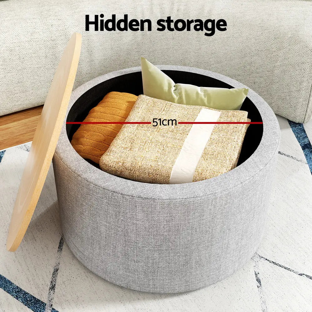 Artiss Storage Ottoman Blanket Box 60cm Linen Round Grey - Chez Guru