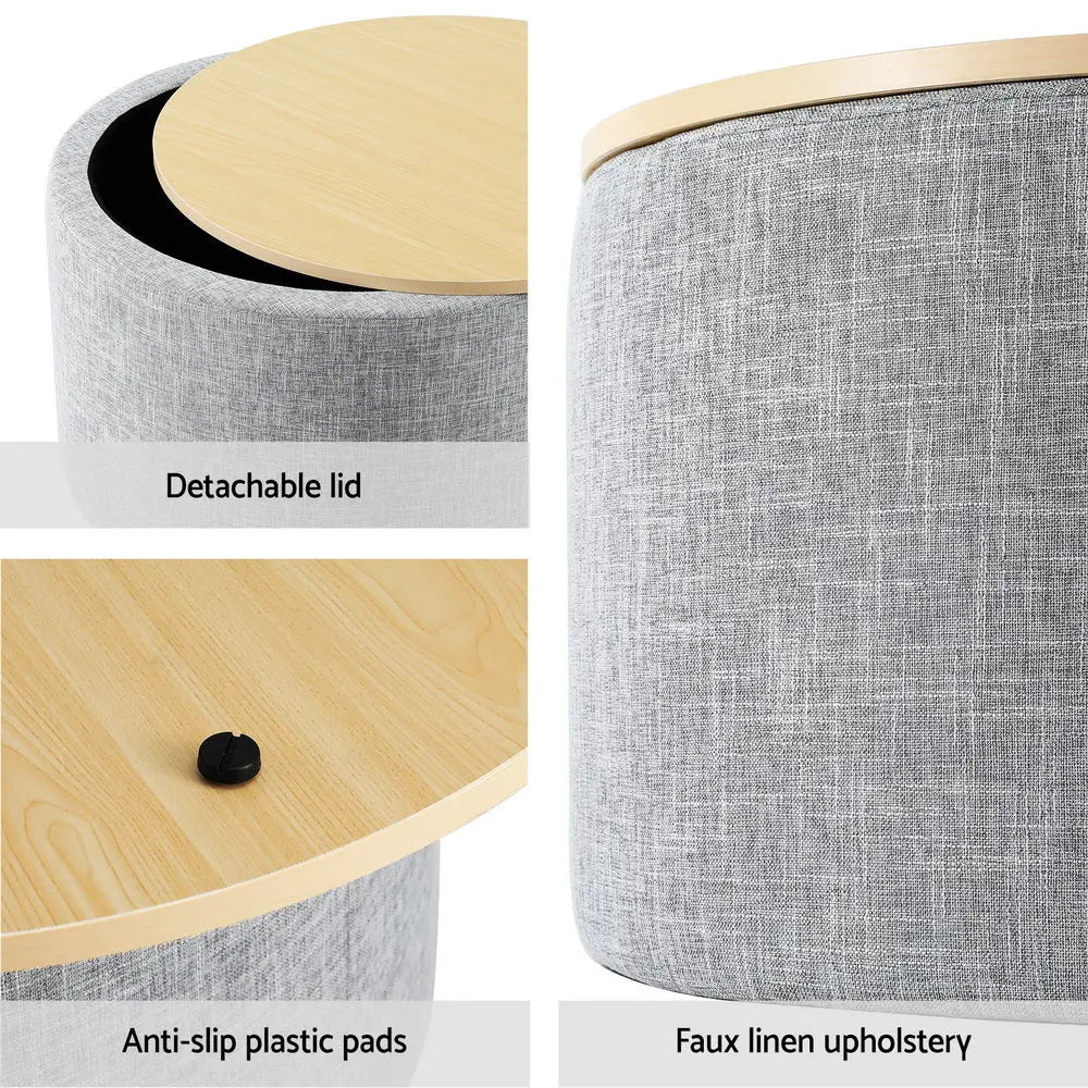 Artiss Storage Ottoman Blanket Box 60cm Linen Round Grey - Chez Guru