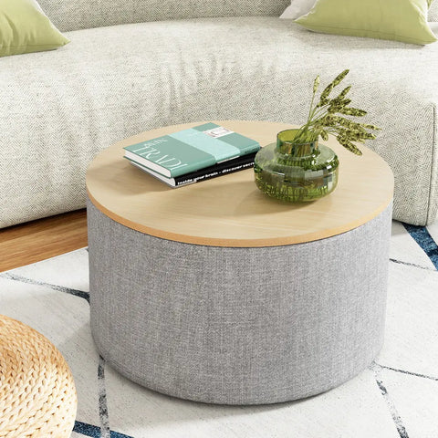 Artiss Storage Ottoman Blanket Box 60cm Linen Round Grey - Chez Guru