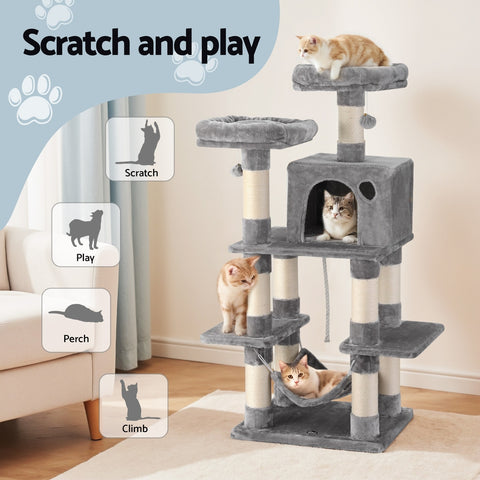 i.Pet Cat Tree 145cm Tower Scratching Post Trees Scratcher Condo House Light Grey
