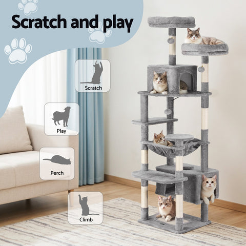 i.Pet Cat Tree 184cm Tower Scratching Post Trees Scratcher Condo House Light Grey