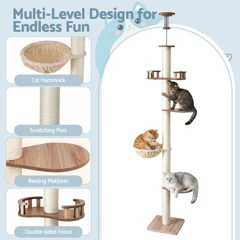 i.Pet Cat Tree Tower Floor to Ceiling Scratching Post 270cm Beige