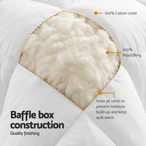 Giselle Bedding Wool Quilt 500GSM Thick Double Winter Doona Baffle Box Construction 100% Wool Filling