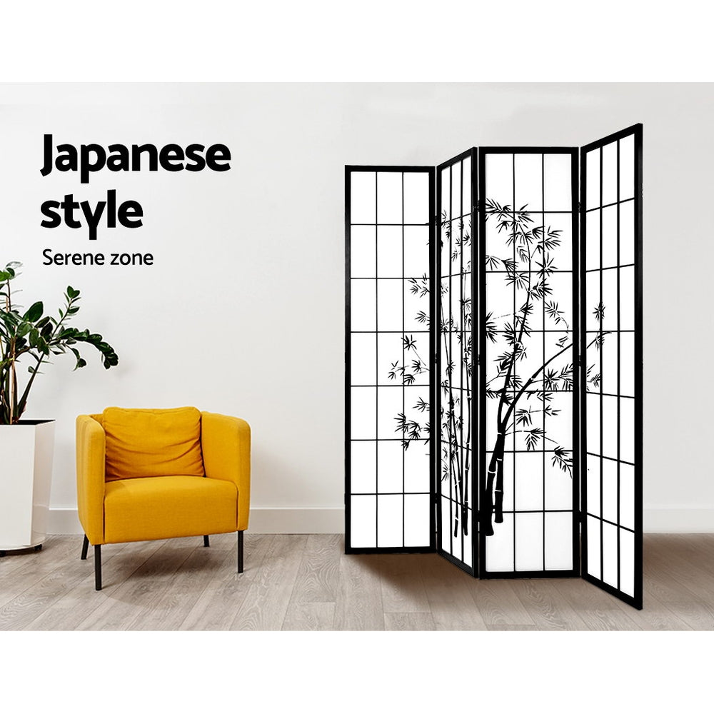 Artiss 4 Panel Room Divider Screen 174x179cm Bamboo Black White Chez Guru