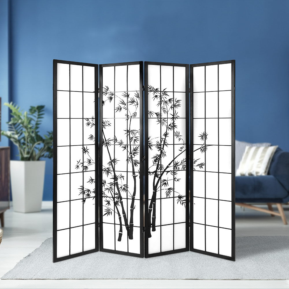Artiss 4 Panel Room Divider Screen 174x179cm Bamboo Black White Chez Guru