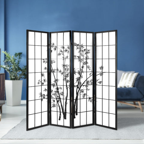 Artiss 4 Panel Room Divider Screen 174x179cm Bamboo Black White Chez Guru
