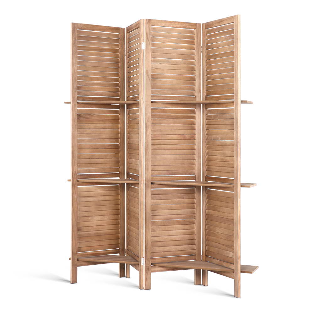 Artiss 4 Panel Room Divider Screen 163x170cm Shelf Oak Chez Guru