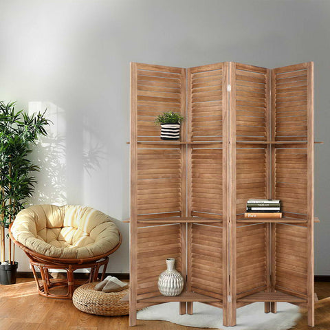 Artiss 4 Panel Room Divider Screen 163x170cm Shelf Oak Chez Guru