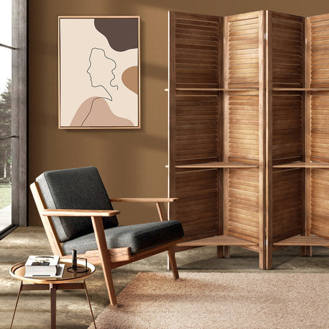 Artiss 4 Panel Room Divider Screen 163x170cm Shelf Oak Chez Guru