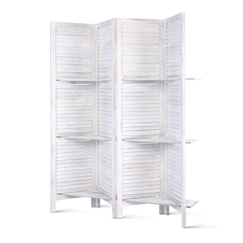 Artiss 4 Panel Room Divider Screen 163x170cm Shelf White Chez Guru